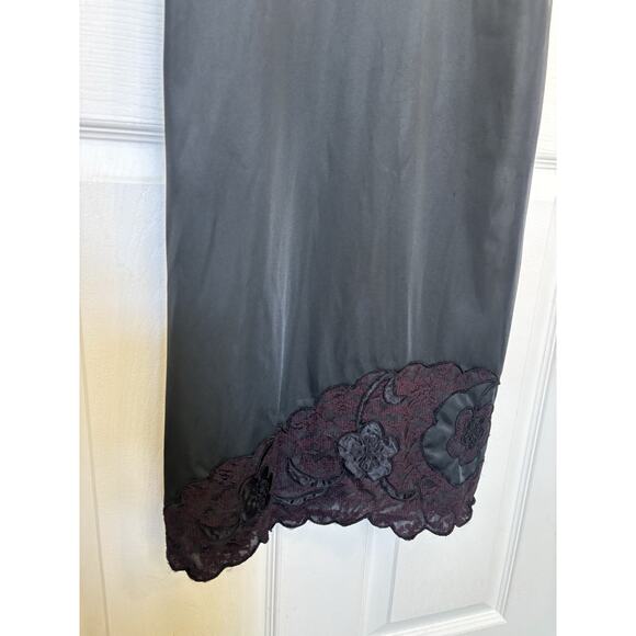 VTG Black Nylon Floral Slip Dress Lace Size 36 Whimsigoth Dark Fairy Romantic - Picture 4 of 5